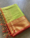 Pure Maheshwari Handwoven Tissue Silk Saree Pastel Green Color with running blouse - IndieHaat