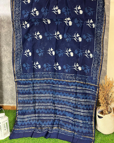 IndieHaat | Chanderi Silk Blue Saree Handblock Printed Running Blouse Bagru Ajrakh Dabu