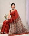 Linen Saree Dark Red Color Handblock Kalamkari Printed with running blouse - IndieHaat