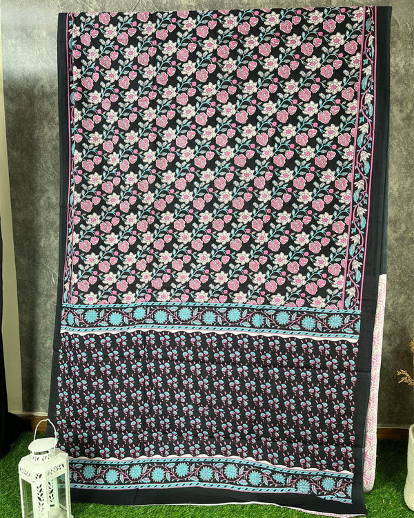 IndieHaat | Mulmul Cotton Black Saree Handblock Printed Running Blouse Bagru Ajrakh Dabu