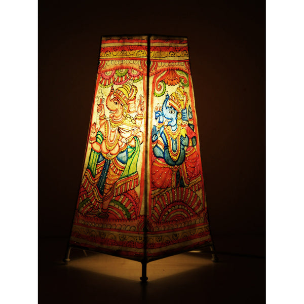 Indiehaat | Ganesha Kalamkari Handpainted Standing Square Leather Lamp | 9 Inch