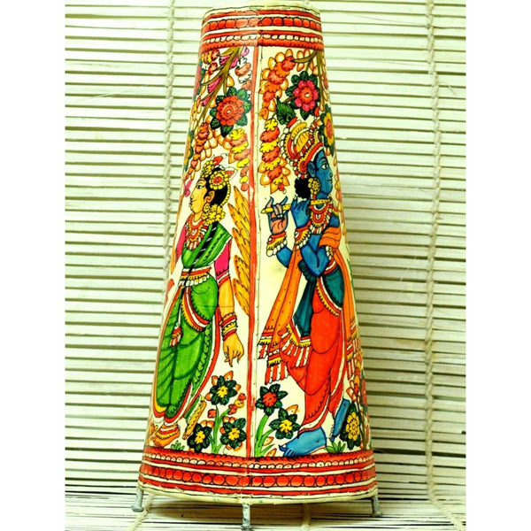 Indiehaat | Krishna Radha Kalamkari Handpainted Standing Round Leather Lamp | 17 Inch