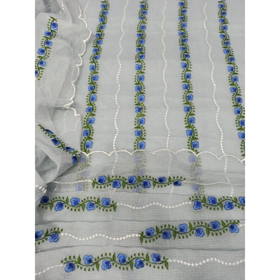 Kota Doria Gray Suit Material Embroidered and Hand Dyed with Dupatta-Indiehaat