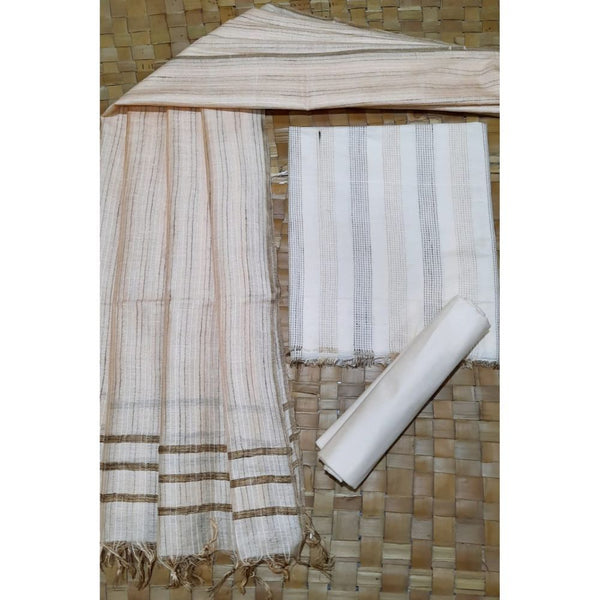 Katan Silk White Suit Piece with Bottom and Biege color Dupatta Handcrafted-Indiehaat