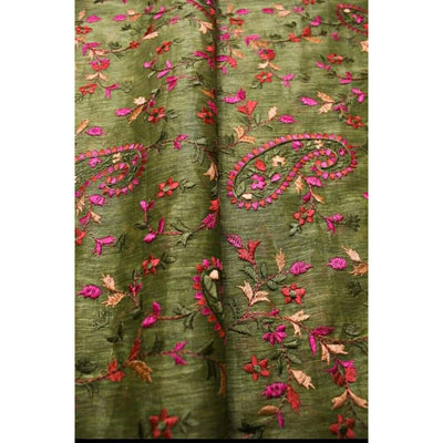 Silk Linen Embroidered Handloom Green Saree with Blouse-Indiehaat