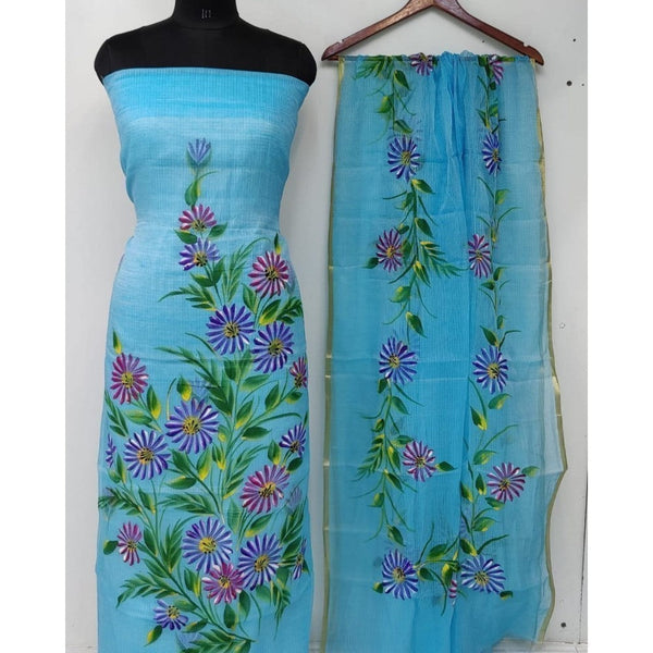 Kota Doria Blue Suit 2 Piece Handpainted (Only Top and Dupatta)-Indiehaat