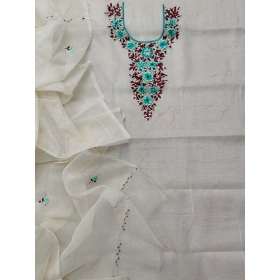 Kota Doria White Suit Material 2 Piece Embroidered (Only Top and Dupatta)-Indiehaat