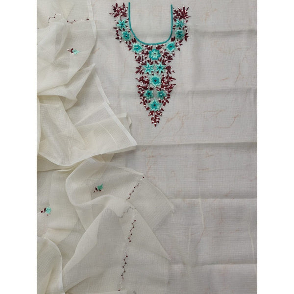 Kota Doria White Suit Material 2 Piece Embroidered (Only Top and Dupatta)-Indiehaat