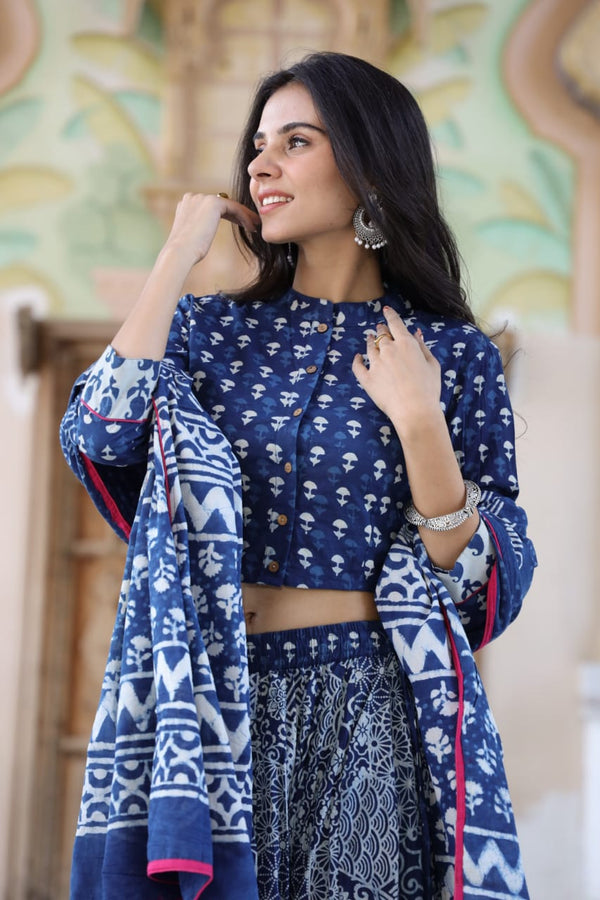 Cotton Lehanga HandBlock Print Blue 20% Off - IndieHaat