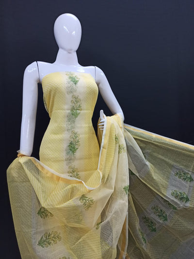 Kota Doria Yellow Suit Material Handblock Printed with Dupatta-Indiehaat