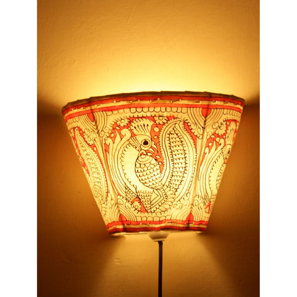 Indiehaat | Peacock Kalamkari Handpainted Wall Mount Leather Lamp | 5.5 Inch