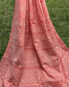 Kota Doria Saree Peach Color Chikankari work without blouse - IndieHaat