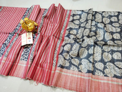 Silkmark Certified Tussar Silk Handloom Handblock Printed Black and Red Saree with Blouse-Indiehaat