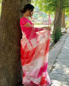 Cotton Linen Saree Pink & Red Color Shibori Hand Dyed with running blouse - IndieHaat