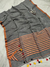 Pure Linen Gray Saree Contrast Striped Pallu With Running Blouse-Indiehaat