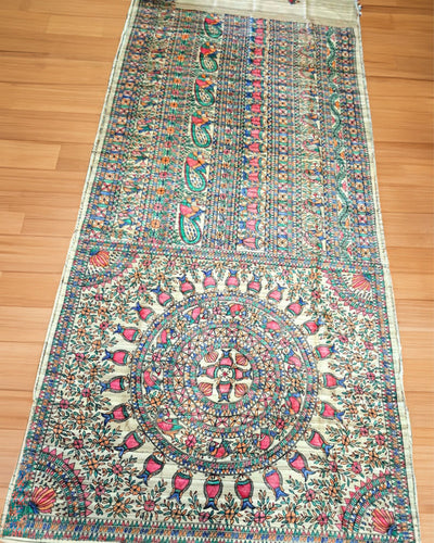 Silkmark Certified Pure Tussar Silk Saree Beige Color Full Body Handpainted with running blouse - IndieHaat