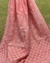 Kota Doria Saree Peach Color Chikankari work without blouse - IndieHaat