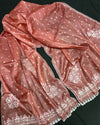 Pure Tussar Silk Dupatta Peach Color Chikankari and Crochet work - IndieHaat