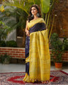 Kota Silk Saree Dark Purple & Pale Yellow Double Color Batik Print with running blouse - IndieHaat