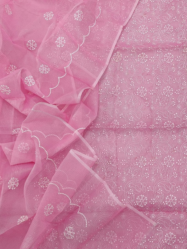 Kota Doria Embroidery Work Suit Material Puce Pink Colour Top+Bottom+Dupatta-Indiehaat