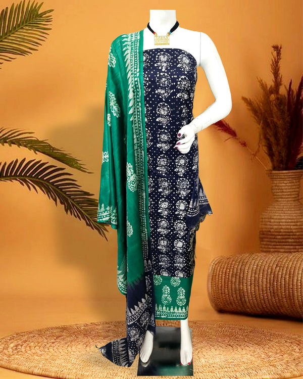 Katan Silk Suits Dark Blue Color Batik Print - IndieHaat