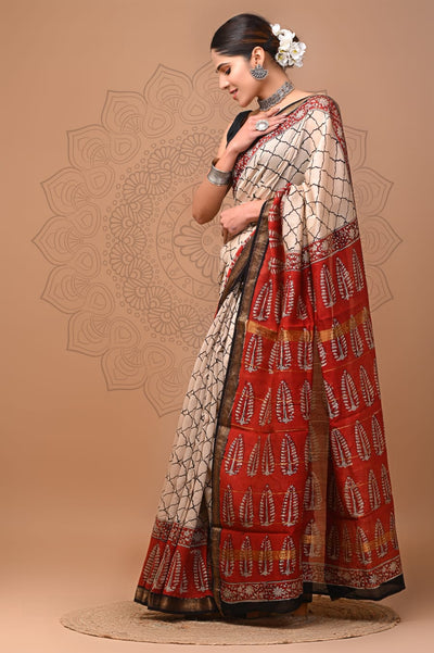 Pure Maheshwari Silk Saree Beige Hand block Printed-Indiehaat