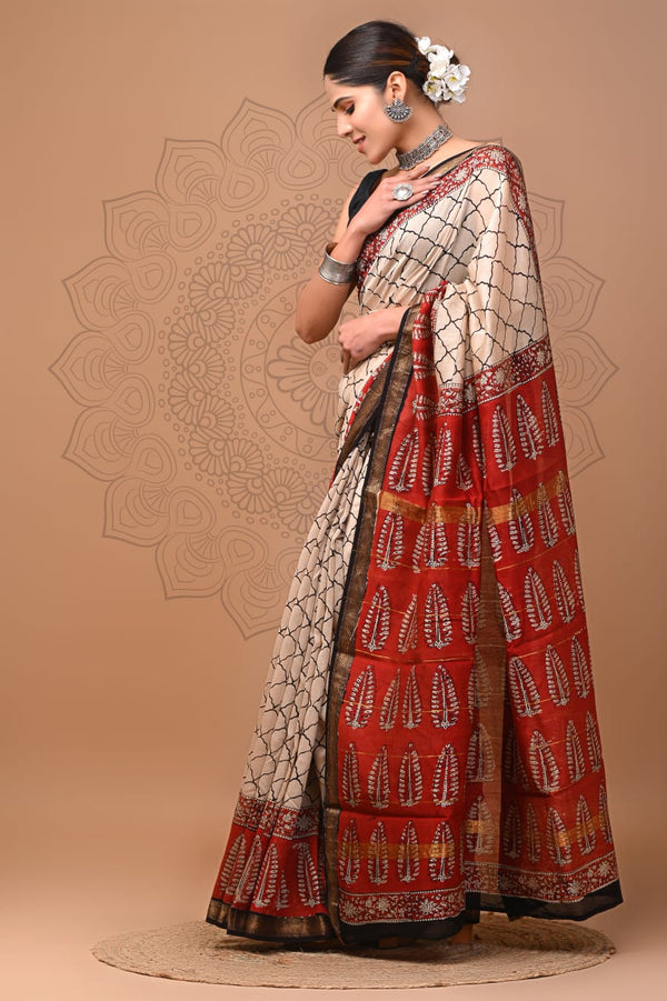 Pure Maheshwari Silk Saree Beige Hand block Printed-Indiehaat