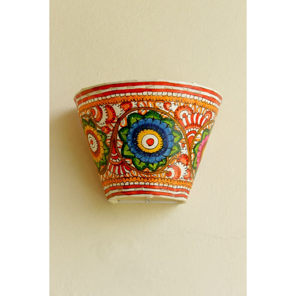 Indiehaat | Flower Kalamkari Handpainted Wall Mount Leather Lamp | 5.5 Inch