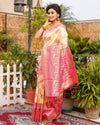 Kashmiri Modal Silk Saree Pastel Peach Color with contrast pallu and blouse - IndieHaat