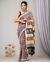 Indiehaat| Linen Saree beige Handblock Printed With running blouse Dabu Bagru Ajrakh