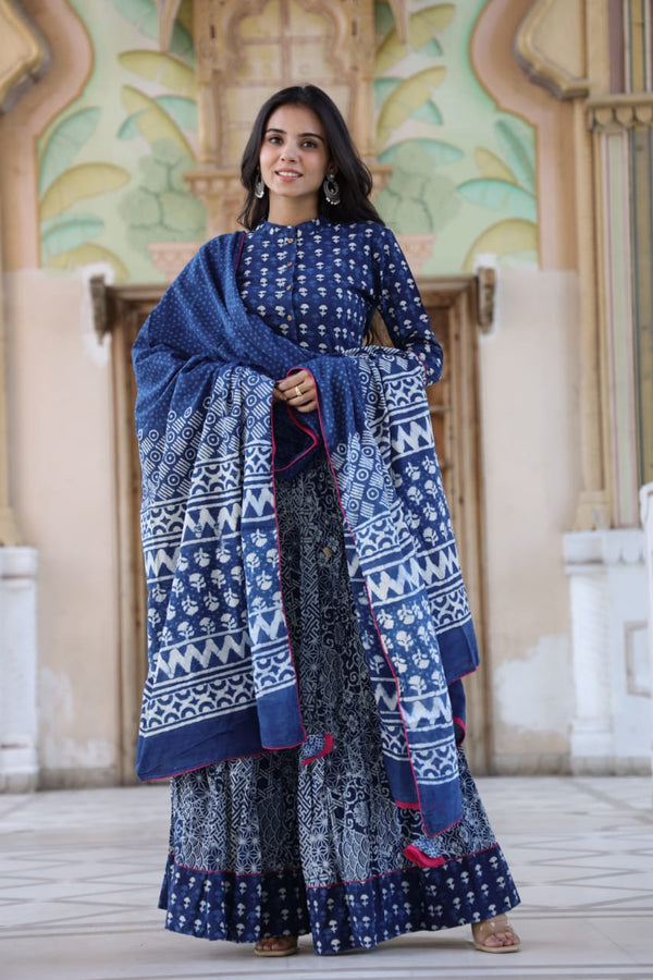 Cotton Lehanga HandBlock Print Blue 20% Off - IndieHaat