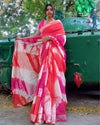 Cotton Linen Saree Pink & Red Color Shibori Hand Dyed with running blouse - IndieHaat