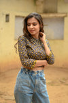 Crop Top Stitched Blouse Black and Yellow Pure Cotton Bagru Handblock Printed-Indiehaat