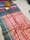 Silkmark Certified Tussar Silk Handloom Handblock Printed Red and Blue Saree with Blouse-Indiehaat