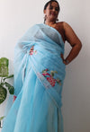 Kota Doria Cotton Saree Embroidered Blue 15% Off - IndieHaat