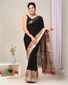 Indiehaat| Linen Saree black Handblock Printed With running blouse Dabu Bagru Ajrakh