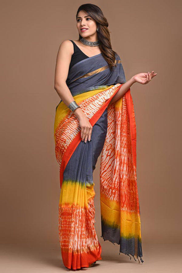 Pure Assam Silk Orange and Blue Saree Hand Block Print-Indiehaat