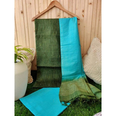 Hand dyed Willow Grove green Katan Silk Suit Piece with Bottom and Dupatta-Indiehaat