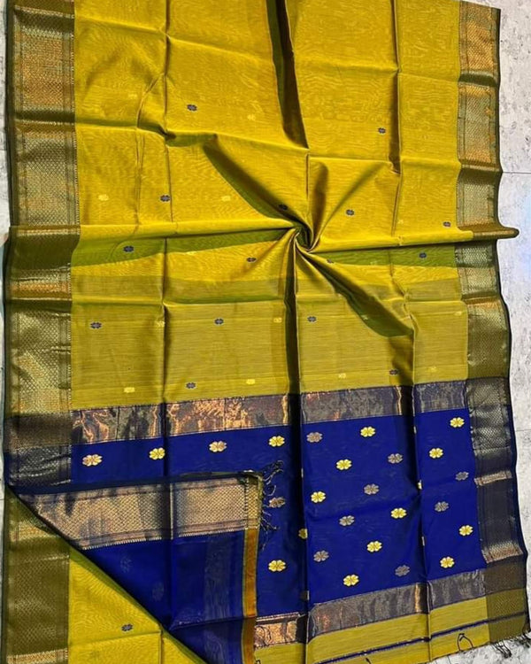 Maheshwari Silk Saree Goldenrod Yellow Color Handloom Handwoven Zari Border with flower Buti work pallu and contrast blouse - IndieHaat