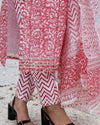 Kota Doria Suits (Top+Bottom+Dupatta) Red Color Handblock print with Stitch embroidery work - IndieHaat