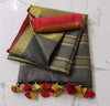 Slub Linen Hand Dyed Dune Gray Saree with Contrast Blouse-Indiehaat