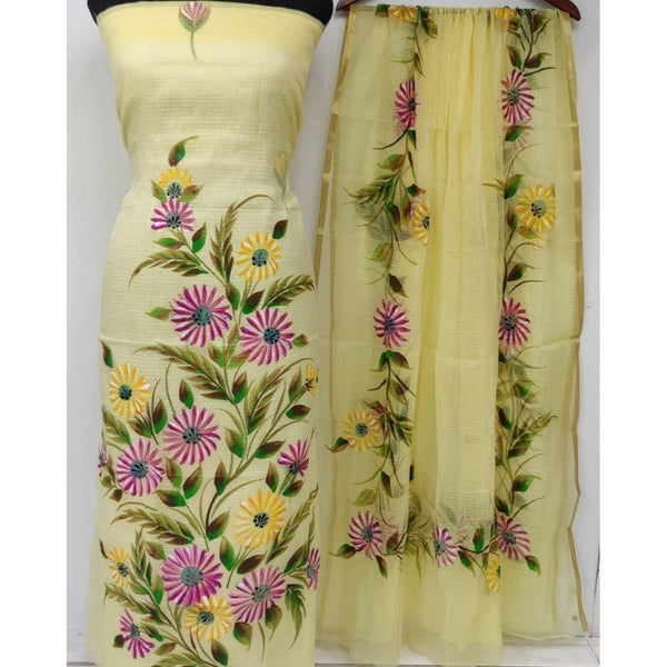 Kota Doria Yellow Suit 2 Piece Handpainted (Only Top and Dupatta)-Indiehaat