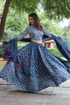 Handblock Printed Cotton Blue Lehanga And Top With Mulmul Dupatta | Indiehaat