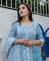 Kota Doria Suits (Top+Bottom+Dupatta) Sky Blue Color Handblock print with Stitch embroidery work - IndieHaat