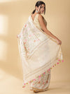 Silk Linen Embroidered Handloom Off White Saree with Blouse-Indiehaat