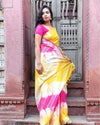 Cotton Linen Saree Yellow & Pink Color Shibori Hand Dyed with running blouse - IndieHaat