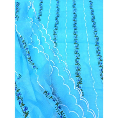 Kota Doria Blue Suit Material Embroidered and Hand Dyed with Dupatta-Indiehaat