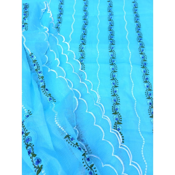 Kota Doria Blue Suit Material Embroidered and Hand Dyed with Dupatta-Indiehaat