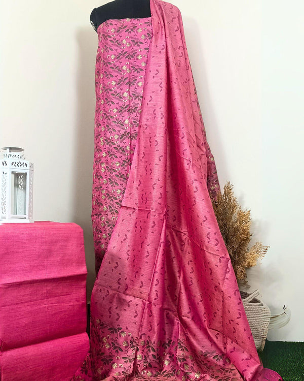 Khadi Silk Printed Suit Rose Pink (Top+Bottom) with Bandhini Dupatta