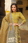 Handblock Printed Cotton Lehanga And Top With Mulmul Dupatta (Size: 34-46) Yellow Color-Indiehaat